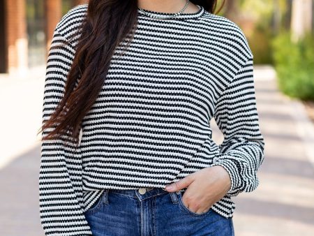 Black Stripe Round Neck Drop Shoulder Long Sleeve Top Online now