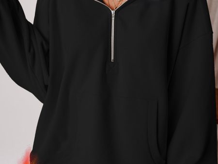 Black Fleece Lined Half Zipper Kangaroo Pockets Loose Hoodie Supply