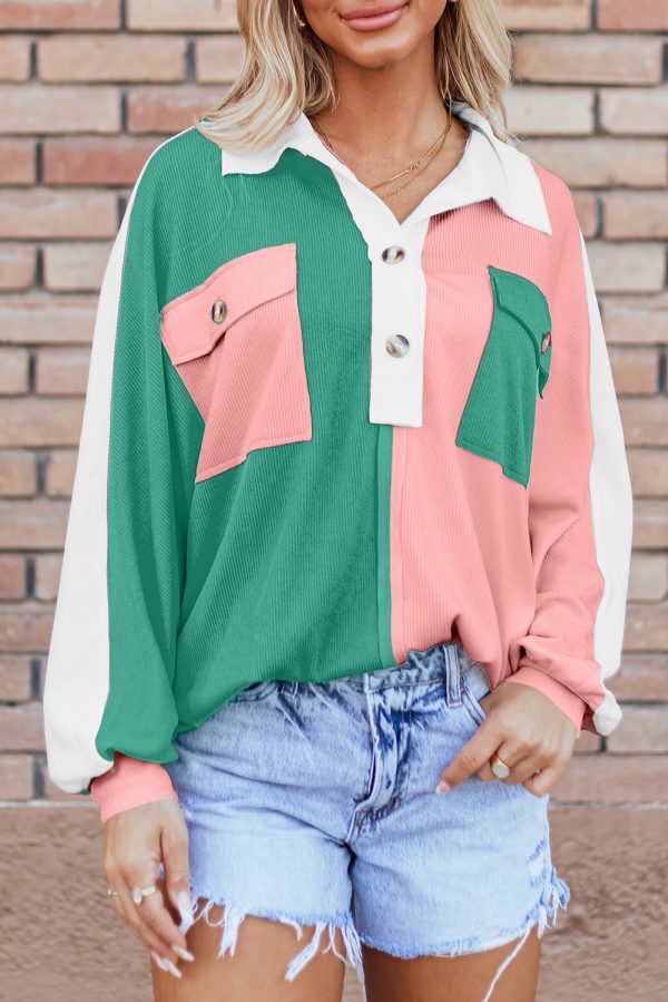 Pink Colorblock Ribbed Collared Oversized Sweatshirt For Sale