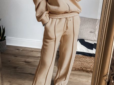 Apricot Solid Seamed Zipper Jacket and Drawstring Waist Pants Set Cheap