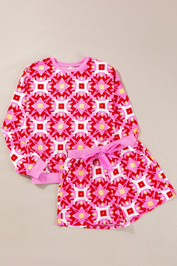 Sachet Pink Geometric Print Long Sleeve Top and Drawstring Shorts Set For Sale