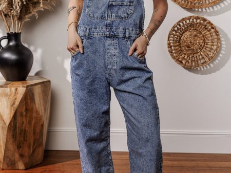 Sail Blue Denim Bib Straight Leg Jumpsuit with Pockets Discount