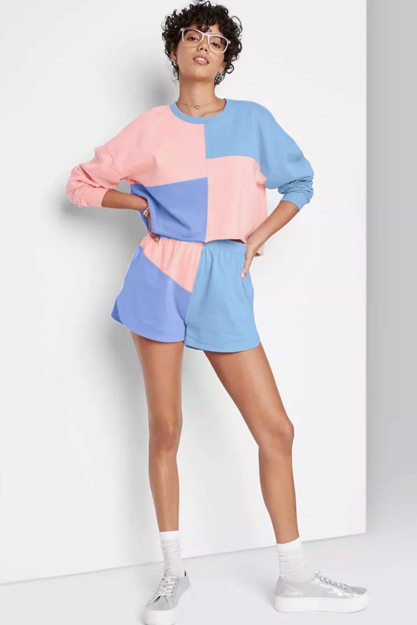 Sky Blue Colorblock Patchwork Long Sleeve Shorts Outfit Sale