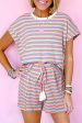 Pink Stripe Crew Neck Tee and Tasseled Drawstring Shorts Set Online Hot Sale