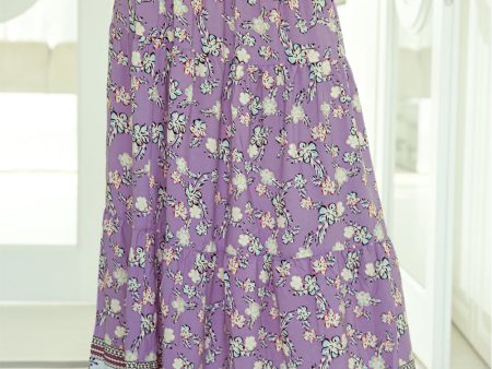 Purple Floral Print Shirred High Waist Maxi Skirt Sale