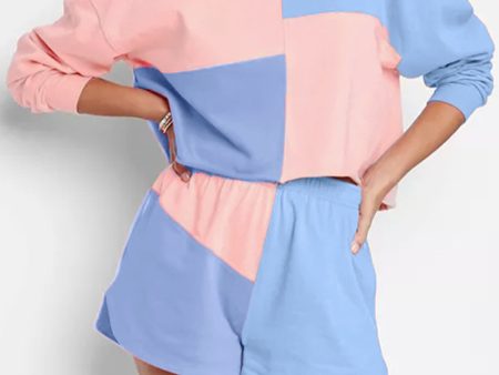 Sky Blue Colorblock Patchwork Long Sleeve Shorts Outfit Sale