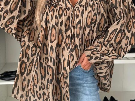 Light French Beige Oversized Leopard Print Balloon Sleeve Casual Shirt For Cheap