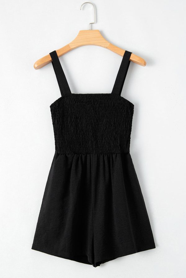 Black Casual Pocketed Smocked Sleeveless Romper For Sale