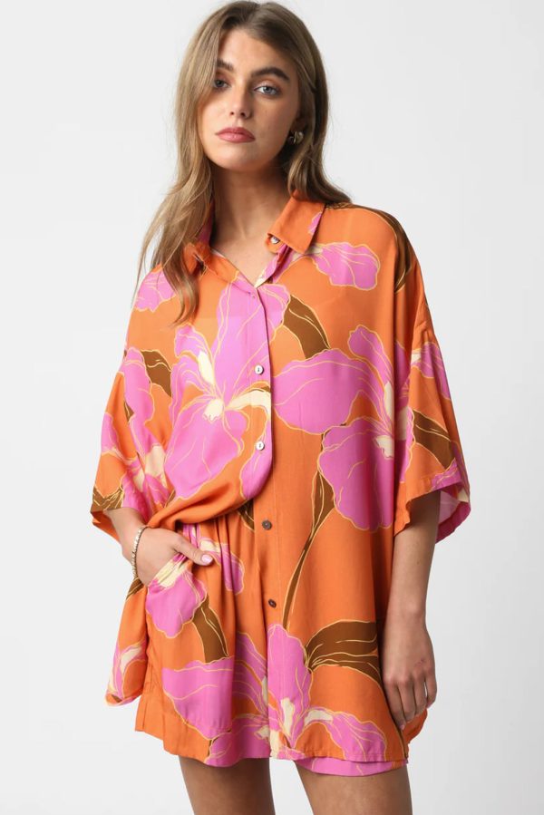 Russet Orange Floral Print Tunic Shirt and Shorts Set Online Sale