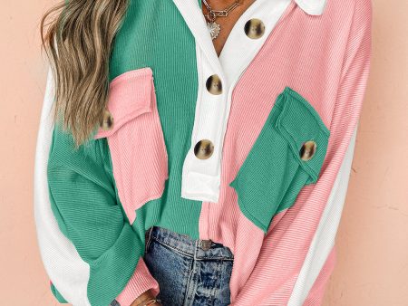 Pink Colorblock Ribbed Collared Oversized Sweatshirt For Sale