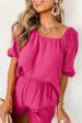 Bright Pink Crinkled Textured Square Neck Puff Sleeve and Shorts Set Hot on Sale