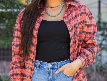 Red Plaid Long Sleeeve Side Split Distressed Hem Shirt For Cheap