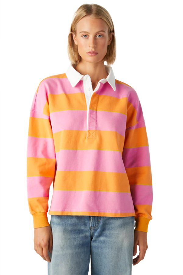 Yellow Stripe Color Block Polo Collar Sweatshirt Supply