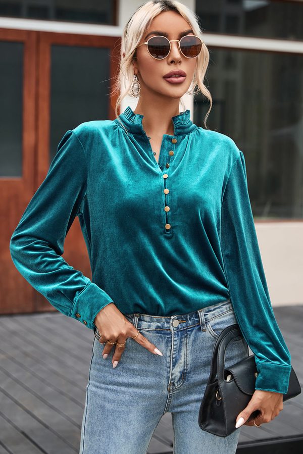 Green Frilled Neck Buttoned Front Velvet Top Hot on Sale