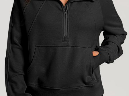 Black Quarter Zip Stand Neck Kangaroo Pocket Sweatshirt Online Hot Sale