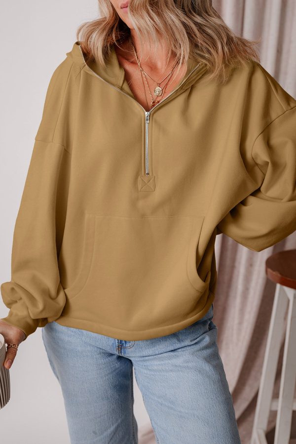 Brown Fleece Lined Half Zipper Kangaroo Pockets Loose Hoodie For Sale