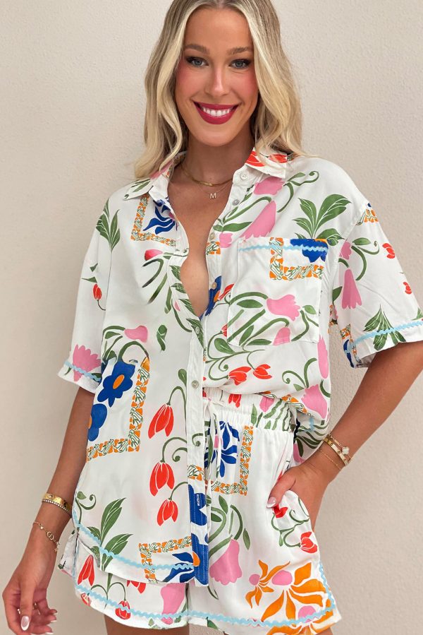 Ricrac Trim Floral Short Sleeve Shirt and Shorts Outfit Hot on Sale