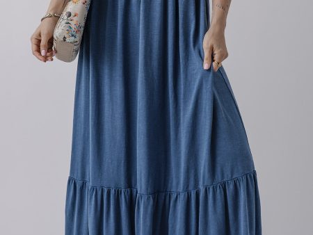 Sail Blue Solid Color Lace up High Waist Tiered Maxi Skirt Supply