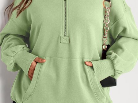 Smoke Green Solid Kangaroo Pocket Half Zipper Oversized Hoodie Cheap