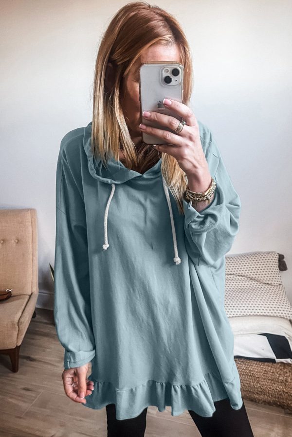 Iceland Blue Solid Ruffled Hem Loose Fit Tunic Hoodie Fashion