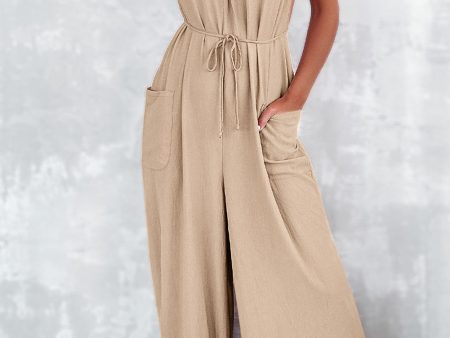 Apricot Spaghetti Straps Waist Tie Wide Leg Jumpsuit with Pockets Sale