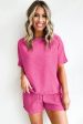 Rose Red Casual Textured Tee and Drawstring Shorts Set Cheap