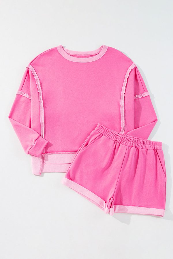 Sachet Pink High Low Patchwork Long Sleeve Top and Shorts Set For Sale