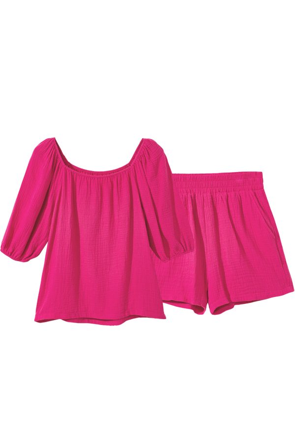 Bright Pink Crinkled Textured Square Neck Puff Sleeve and Shorts Set Hot on Sale