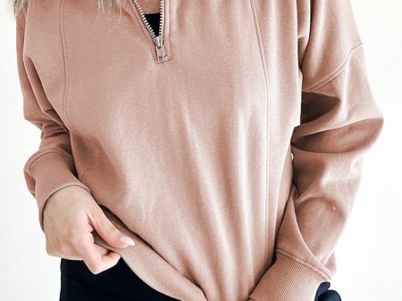 Smoke Gray Zipped Neck Pullover Drop Shoulder Sweatshirt Online