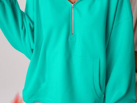 Aruba Blue Fleece Lined Half Zipper Kangaroo Pockets Loose Hoodie Online