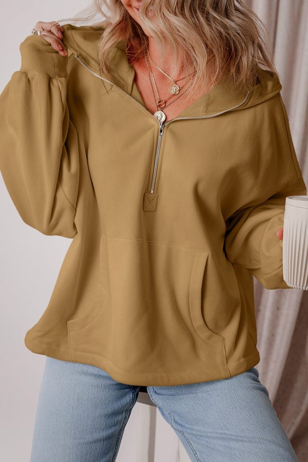 Brown Fleece Lined Half Zipper Kangaroo Pockets Loose Hoodie For Sale