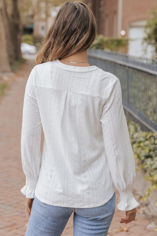 White Split Neck Textured Loose Blouse Online now