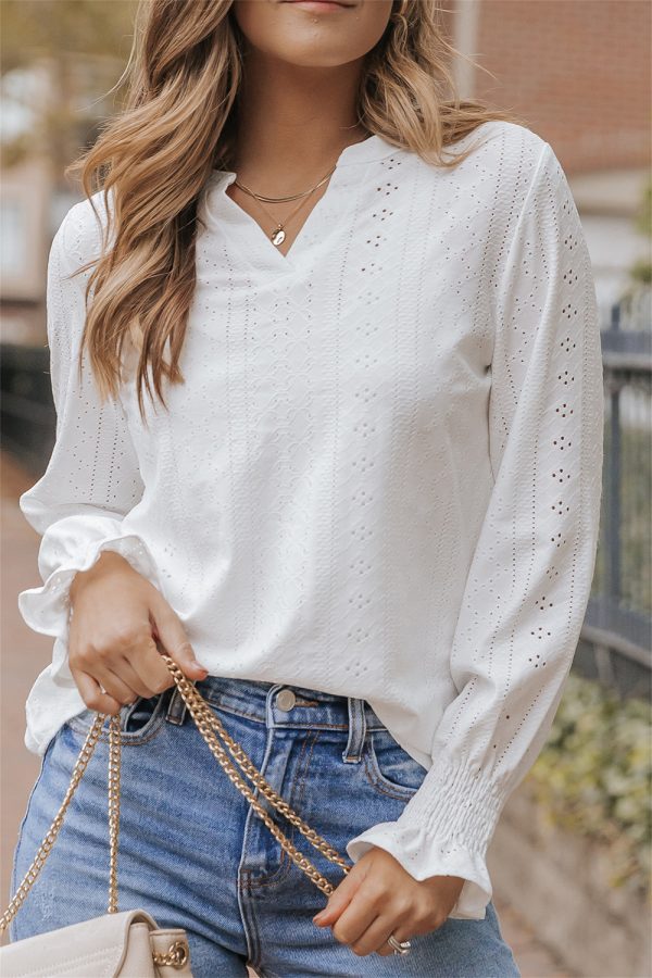 White Split Neck Textured Loose Blouse Online now