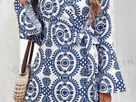 Blue Floral Print V Neck Wrapped Knot Long Sleeve Dress Online Hot Sale