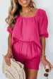 Bright Pink Crinkled Textured Square Neck Puff Sleeve and Shorts Set Hot on Sale