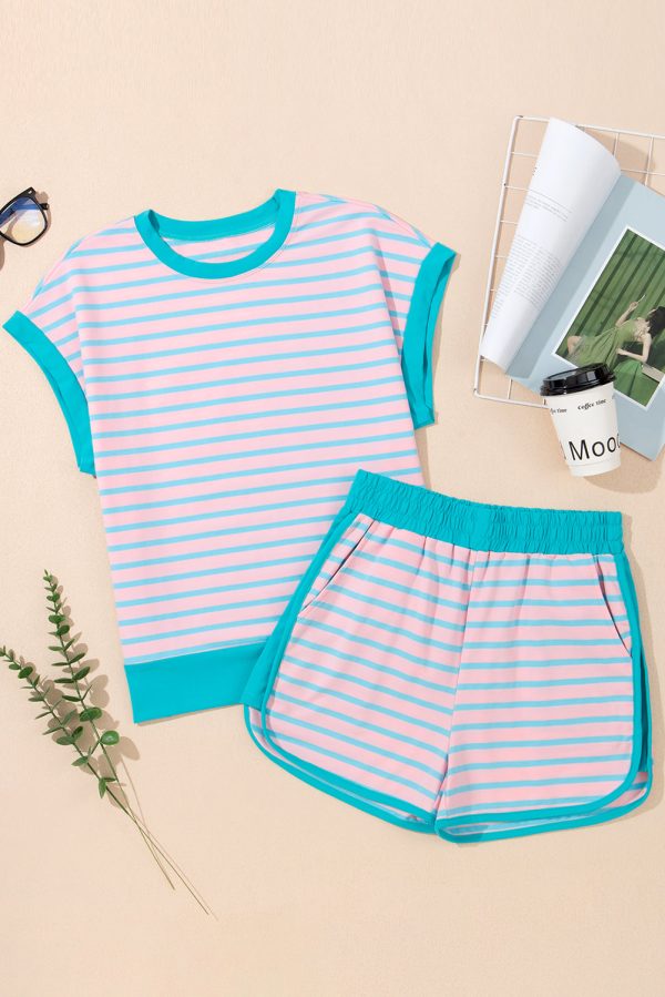 Pink Stripe Color Block Loose Fit Two Piece Shorts Set Fashion