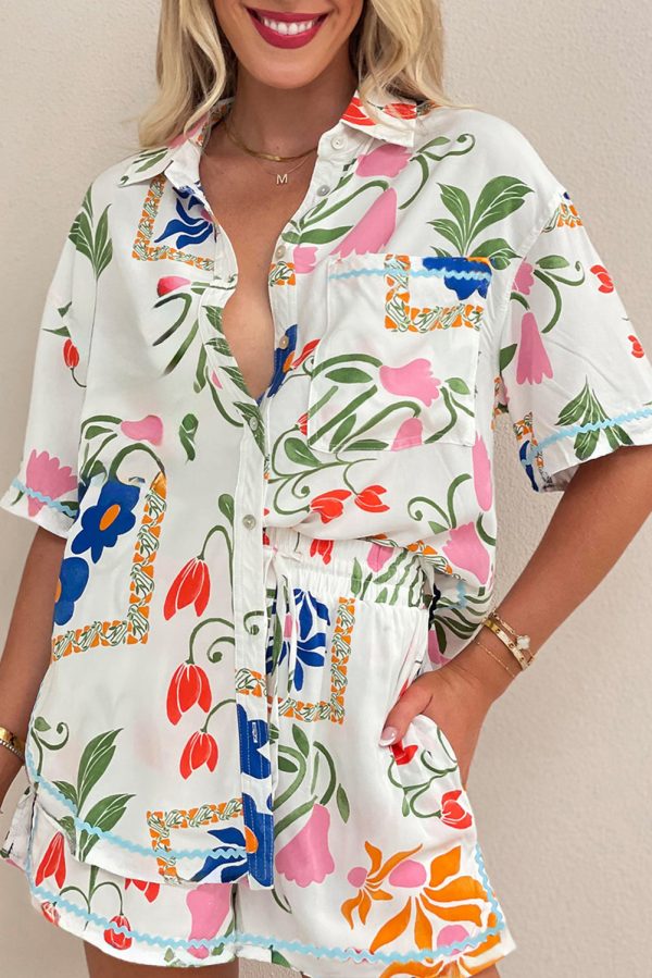 Ricrac Trim Floral Short Sleeve Shirt and Shorts Outfit Hot on Sale