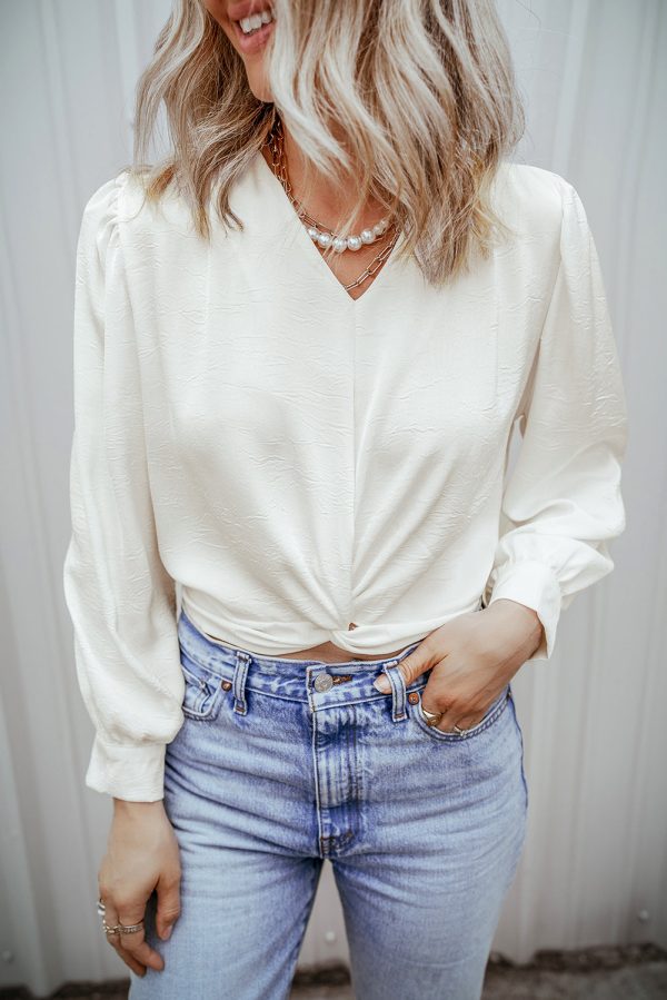 White Twisted Elastic Hem V Neck Crop Blouse Online