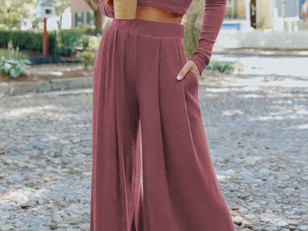 Solid Color Ribbed Crop Top Long Pants Set Supply