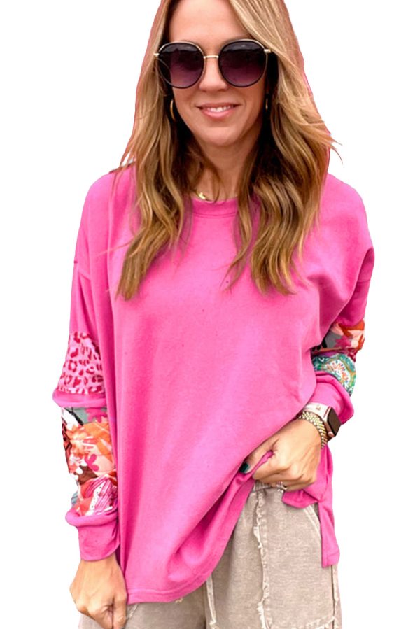 Sachet Pink Mixed Print Patch Drop Shoulder Pullover Top Discount