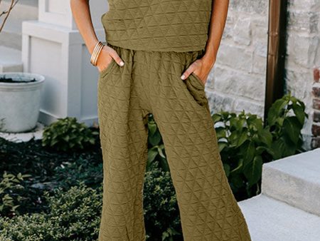 Sage Green Quilted Short Sleeve Wide Leg Pants Set For Sale