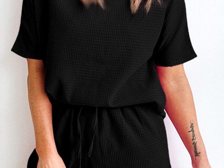 Black Casual Textured Tee and Drawstring Shorts Set For Sale