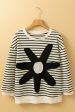 Black white Striped Big Flower Patched 3 4 Sleeve Top Online Hot Sale