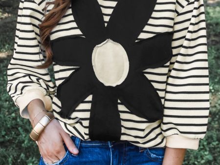 Black white Striped Big Flower Patched 3 4 Sleeve Top Online Hot Sale