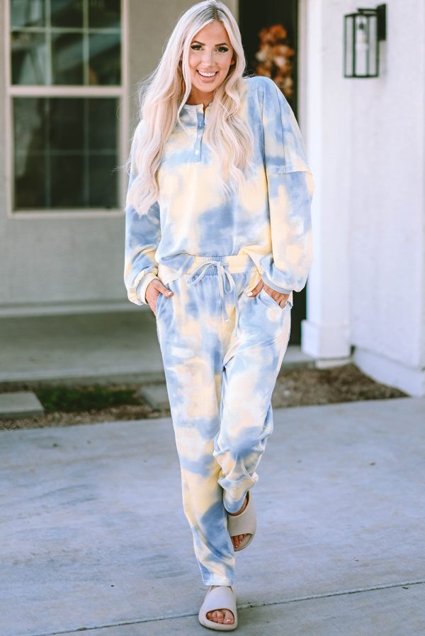 Multicolor Tie Dye Henley Top and Drawstring Pants Outfit Online Sale