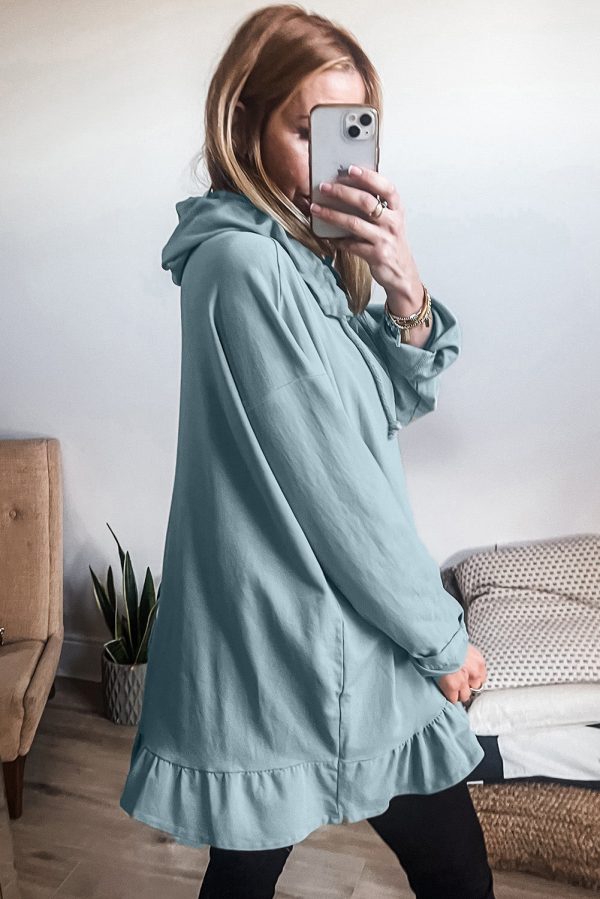 Iceland Blue Solid Ruffled Hem Loose Fit Tunic Hoodie Fashion