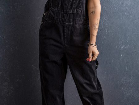 Black Adjustable Buckle Straps Multi Pocket Denim Overalls Sale