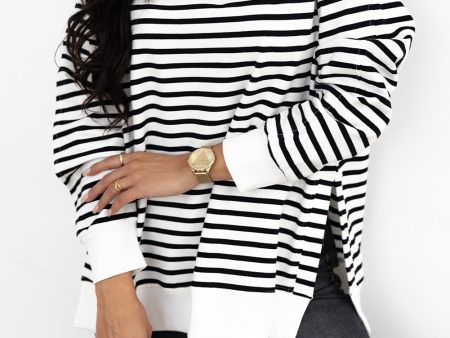 Black Stripe Raglan Sleeve Side Slits Loose Sweatshirt Online Sale