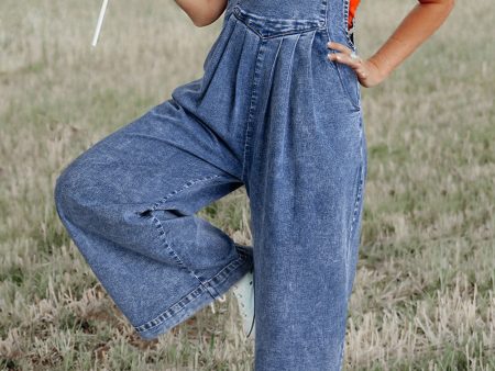 Light Blue Mineral Wash Buttoned Straps Wide Leg Denim Overalls Discount