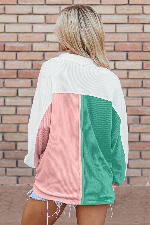 Pink Colorblock Ribbed Collared Oversized Sweatshirt For Sale